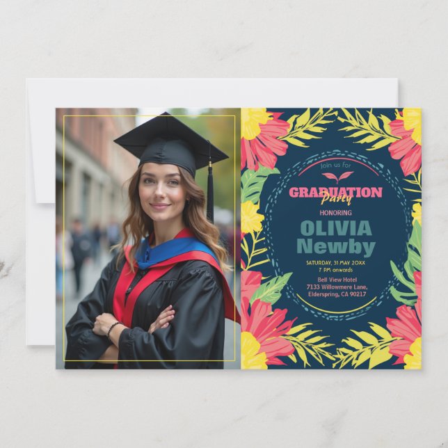 Convite 🎓Com Flor de Graduação Tropical em código QR (Frente)