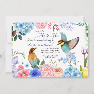 Convite com Flores e Pássaros Pintados à Mão