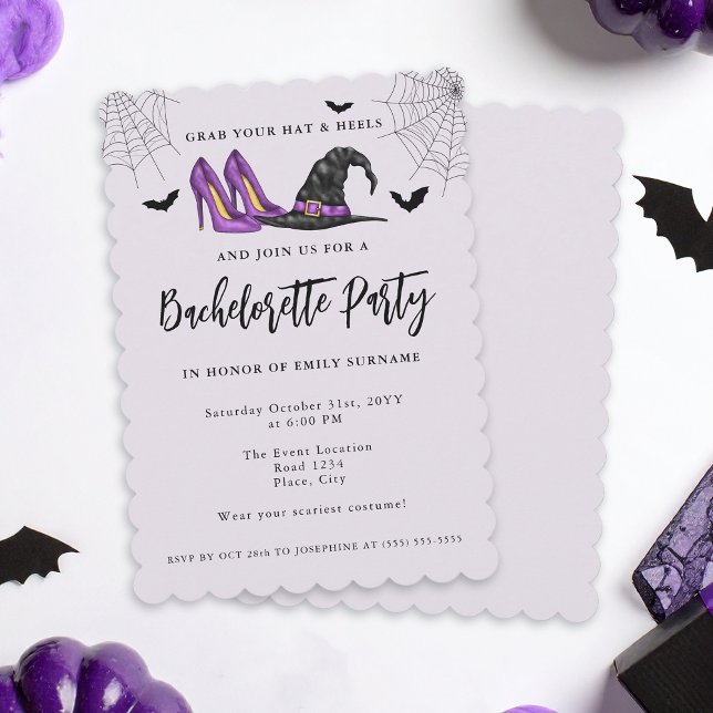 Convite Com O Chapéu E A Bachelorette De Halloween Roxo (Criador carregado)