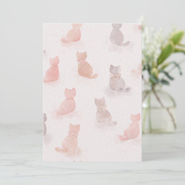 Convite com Padrão de Gato em Aquarela Suave (Em pé/Frente)