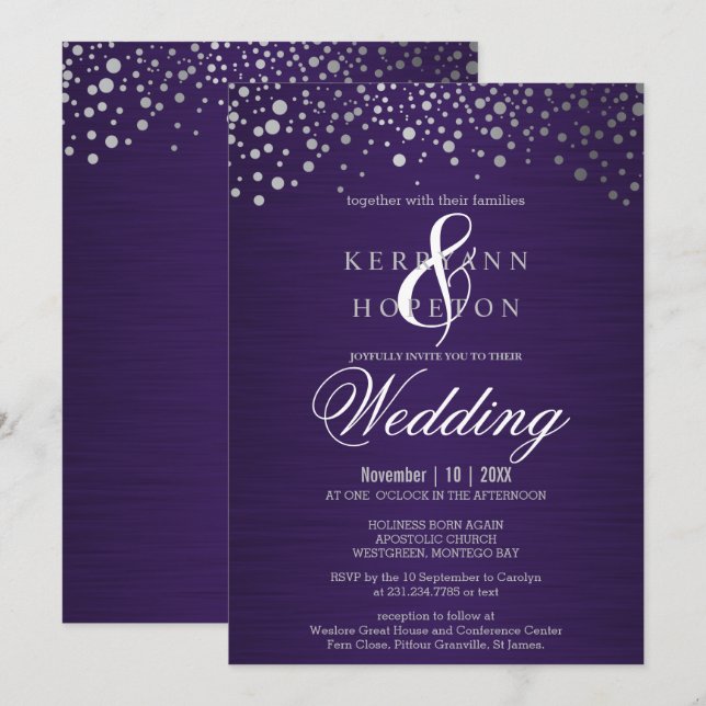 Convite com Pontos de Confetes Roxo e Prata (Frente/Verso)