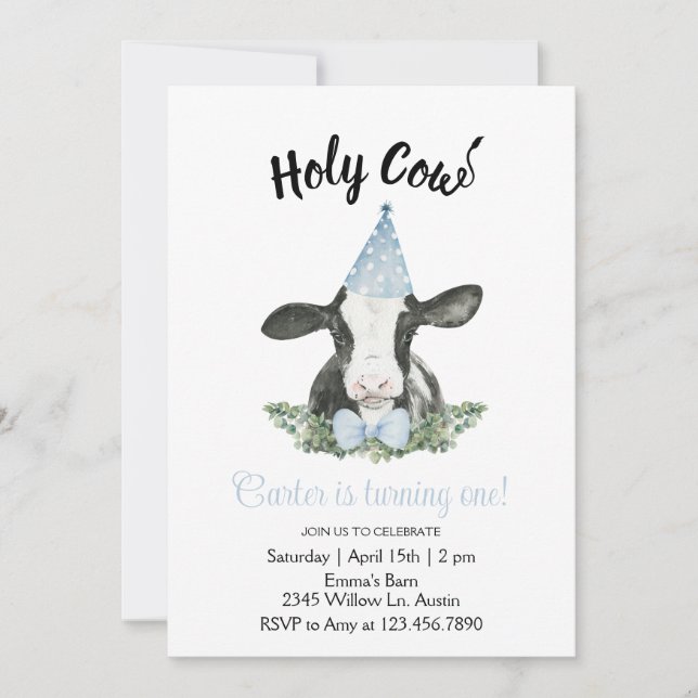 Convite com Vaca de chapéu azul e estampa de vaca (Frente)