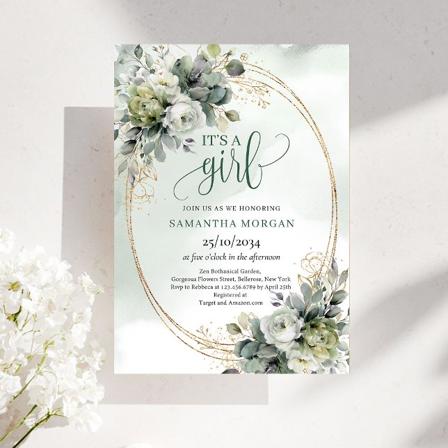 Convite com Visual de Aquarela Verde Empoeirado É  (Dusty Green Watercolor Look It’s A Girl Invitation)