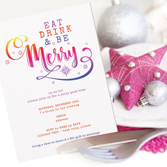 Convite Coma, Beba, Alegre-se Jantar de Natal Rosa (Pink Eat Drink and Be Merry Christmas Potluck Invitation for Church Family Office Xmas Parties)