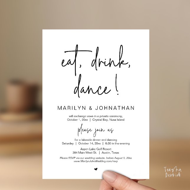 Convite Coma, Beba, Dança, Festa de Janto de Elopemento de (Eat, Drink, Dance, Wedding Elopement Dinner Party Invitation Card in Black White)