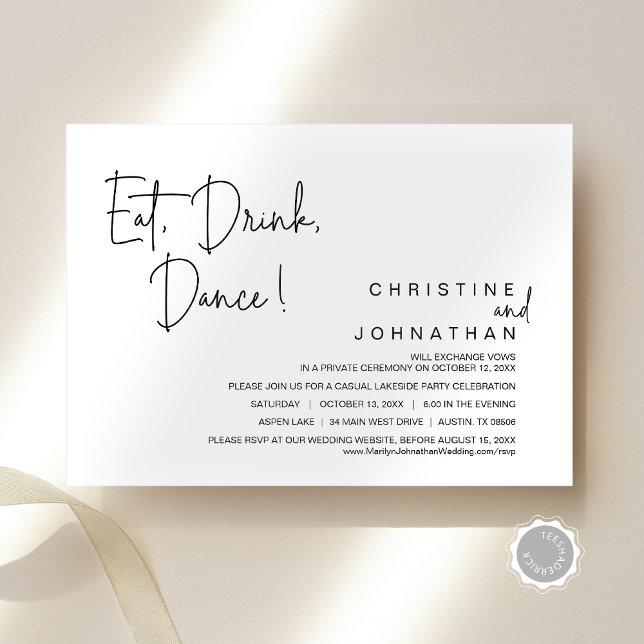 Convite Coma, Beba, Dança, Partido de Elopemento Casual (Eat, Drink, Dance, Casual Modern Wedding Elopement Party and Dinner Celebration Invitation Card)