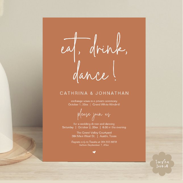 Convite Coma, Beba, Dance, Casamento Simples e Elegante em (Eat, Drink, Dance Elegant Wedding Elopement Dinner Invitation Card in Copper Brown Terracotta)
