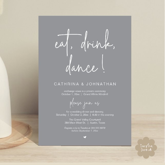 Convite Coma, Beba, Dance, Casamento Simples e Elegante em (Eat, Drink, Dance Elegant Wedding Elopement Dinner Invitation Card in Dark Grey)