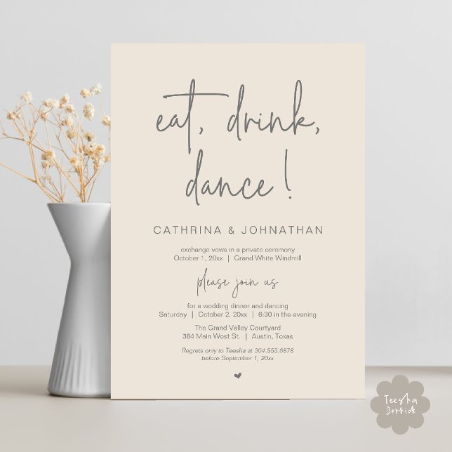 Convite Coma, Beba, Dance, Casamento Simples e Elegante em (Eat, Drink, Dance Elegant Wedding Elopement Dinner Invitation Card in Dark Grey and Cream)
