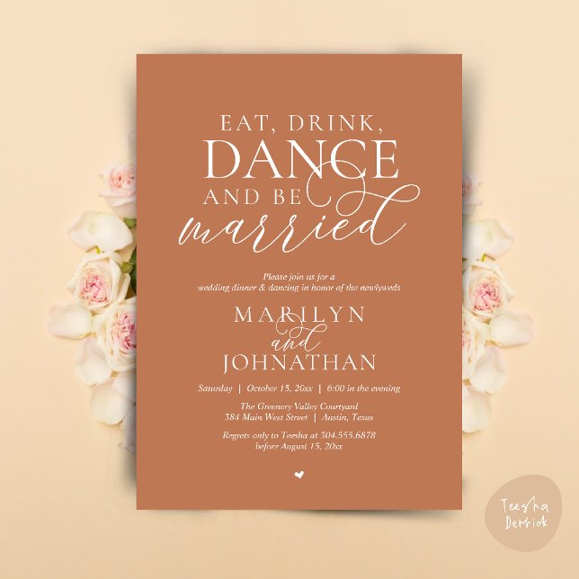 Convite Coma, Beba, Dance, Case, Casamento Fuga (Eat, Drink, Dance, Be Married, Wedding Elopement Dinner Party Invitation Card in copper terracotta)