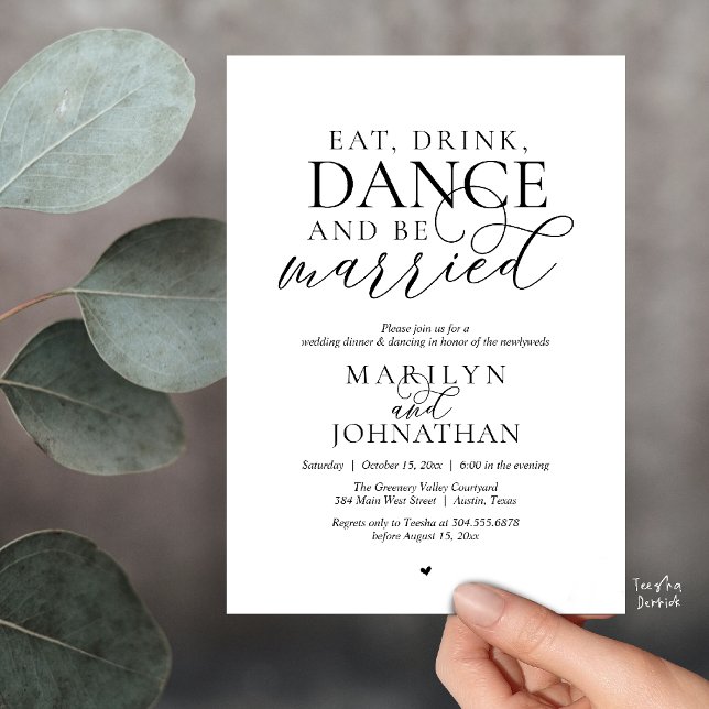 Convite Coma, Beba, Dance, Case, Casamento Fuga (Eat, Drink, Dance, Be Married, Wedding Elopement Dinner Party Invitation Card in Black and White)