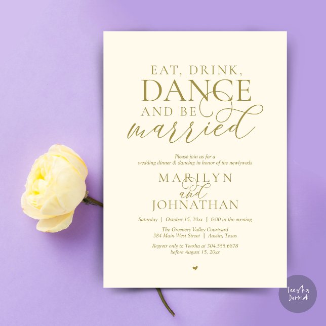 Convite Coma, Beba, Dance, Case, Casamento Fuga (Eat, Drink, Dance, Be Married, Wedding Elopement Dinner Party Invitation Card in gold yellow cream)