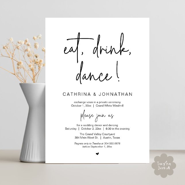 Convite Coma, Beba, Dance Jantar de Elopement de Casamento (Eat, Drink, Dance Elegant Wedding Elopement Dinner Invitation Card in Black and white)