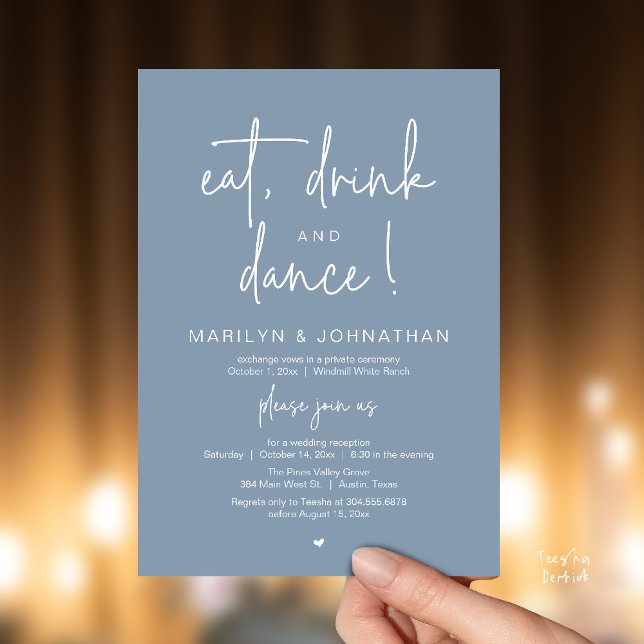 Convite Coma, Beba e Dance, Recepção de Casamento Moderna (Eat, Drink and Dance, Modern Wedding Reception Dinner Party Invitation Card in dusty blue)