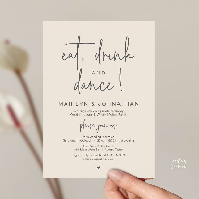 Convite Coma, Beba e Dance, Recepção de Casamento Moderna (Eat, Drink and Dance, Modern Wedding Reception Dinner Party Invitation Card in cream grey)