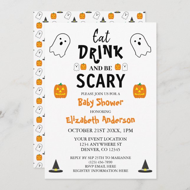 Convite Coma, beba e fique assustado com o Chá de fraldas  (Frente/Verso)