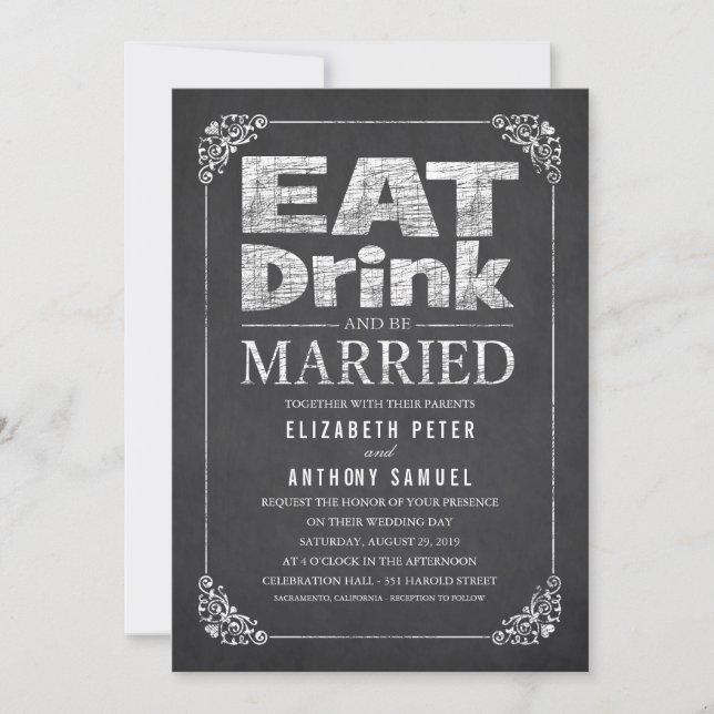 Convite Coma, Beba E Seja Casado Com Um Casamento De Chalk (Frente)