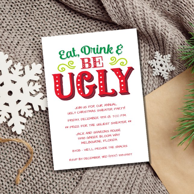 Convite Coma, beba e seja festeira de suéter de Natal feia (Eat, Drink and Be Ugly Christmas Sweater Party Invitation)