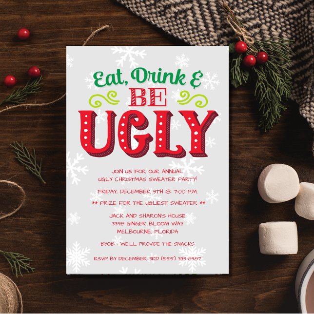 Convite Coma, beba e seja festeira de suéter de Natal feia (Eat, Drink and Be Ugly Christmas Sweater Party Invitation)