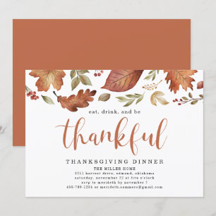 Convite Coma, beba e seja grato deixa o dia de Ação de G