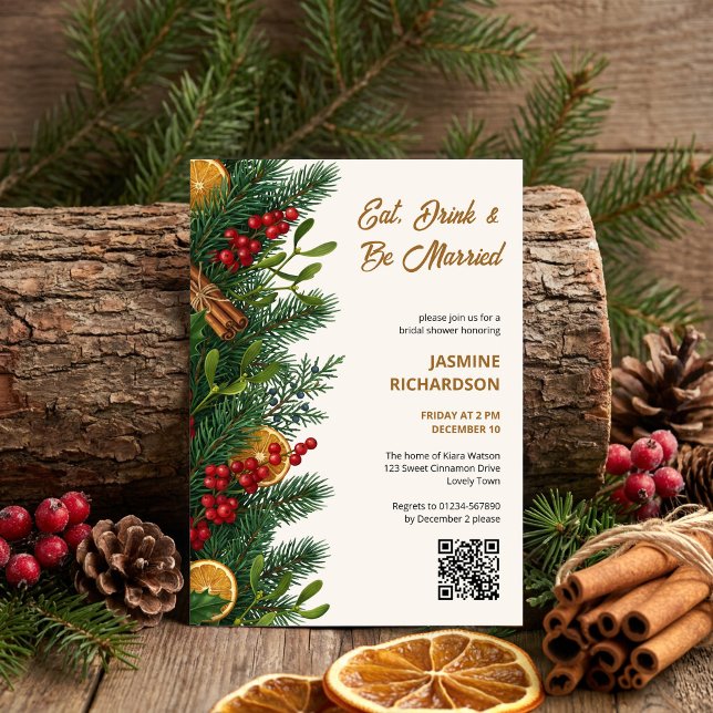 Convite Coma, Beba, Seja Casada Tempero de Inverno Botânic (Winter Bridal Shower Invitation with festive greenery and spiced fruit by Darling & May)