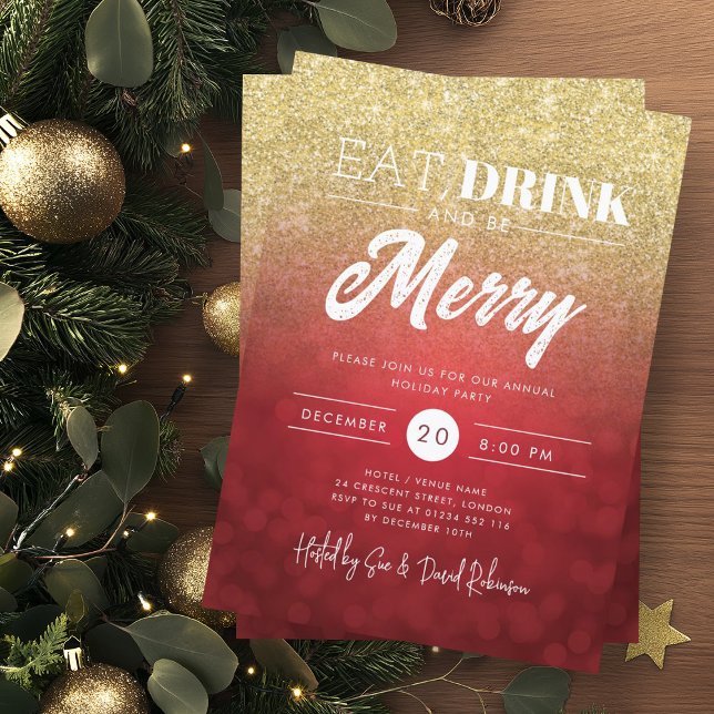 Convite Coma, Beba Seja Feliz, Feriado Vermelho Dourado, N (Eat, Drink Be Merry Gold Red Bokeh Holiday Xmas Invitation)