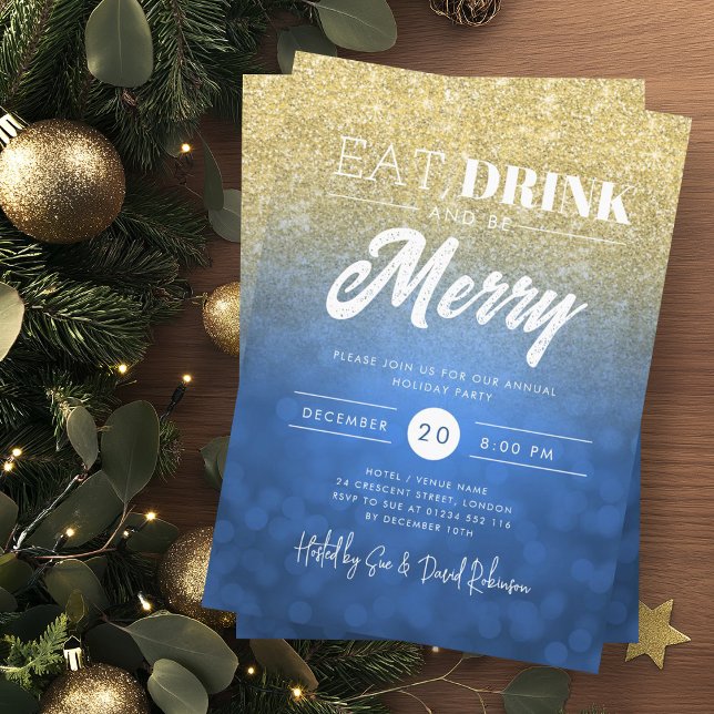 Convite Coma, Beba Seja Feliz, Marinho Dourado, Natal (Eat, Drink Be Merry Gold Navy Bokeh Holiday Xmas Invitation)
