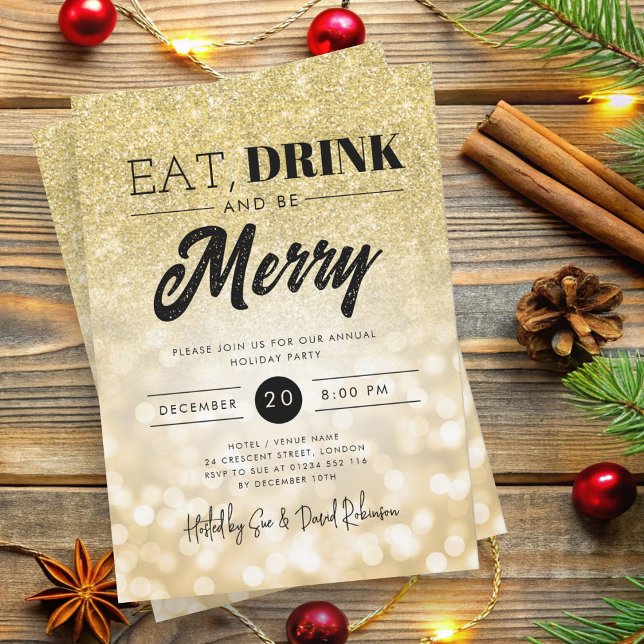 Convite Coma, Beba, Tome Feliz Natal De Boque Dourado (Eat, Drink Be Merry Gold Bokeh Holiday Xmas Invitation)