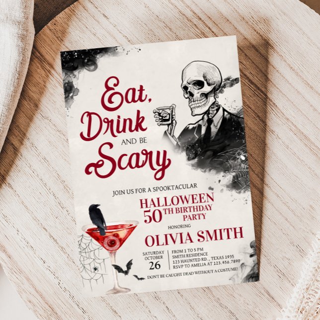 Convite Coma bebida e Festa de aniversário de Dia das Brux (Eat Drink and Scary Vintage Gothic Skull Halloween Birthday Party Invitation)