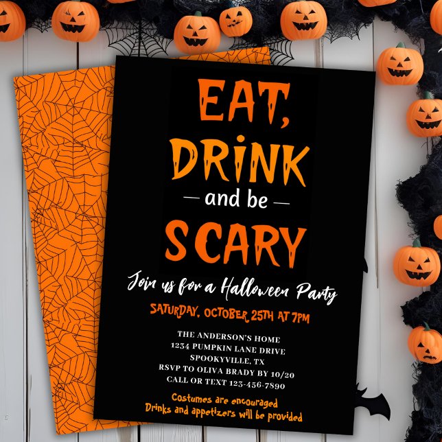 Convite Coma Bebida e seja assustador e moderno partido de (Eat Drink & Be Scary Modern Halloween Party Invitation)