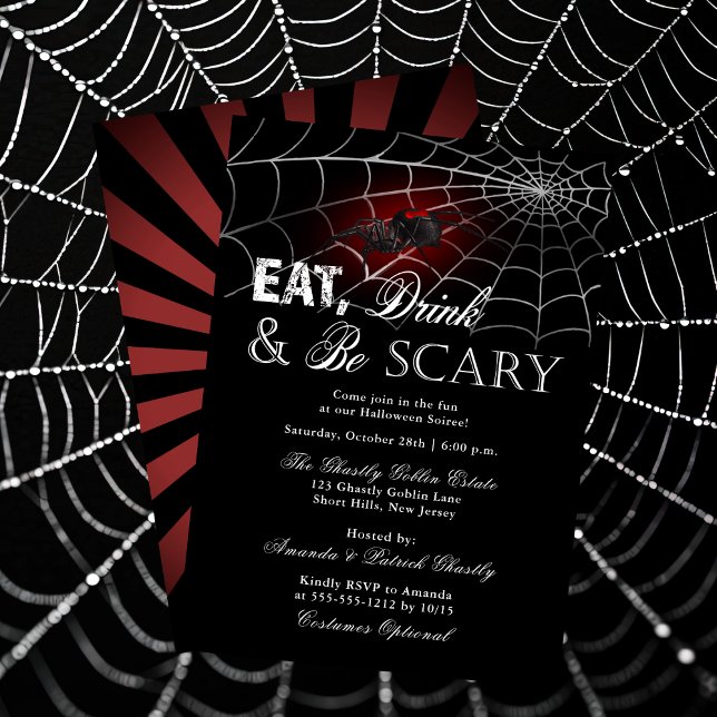 Convite Coma Bebida e seja assustador na festa do Dia das  ("Eat Drink and Be Scary" Spider and Web Halloween Soiree Invitation )