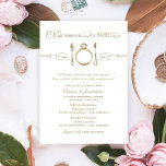 Convite Coma Bebida e seja Jantado Antecipadamente<br><div class="desc">O ensaio de ouro antigo e o ensaio de casamento branco e o design de convite para ensaio jante com uma comida,  bebida,  e ser tema de casamento em tipografia mista elegante e vintage com o recurso de colocação de anel de noivado de diamante.</div>