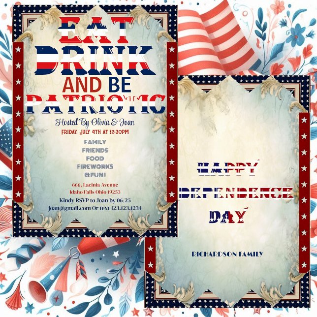 Convite Coma Bebida e Seja Patriótico, Chique do Partido d (Eat Drink & Be Patriotic 4 July Party Shabby Chic Invitation)