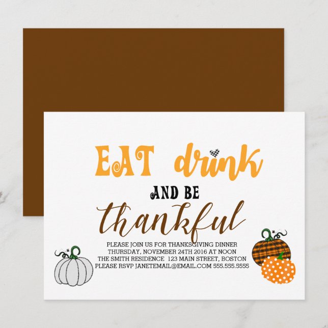 Convite Coma Bebida E Seja Uma Festa De Ação De Graças (Frente/Verso)