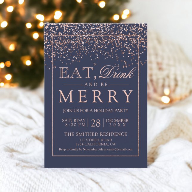 Convite Coma bebida seja feliz rosa de ouro de Feriado azu (Eat drink be merry Holiday rose gold navy blue Invitation)