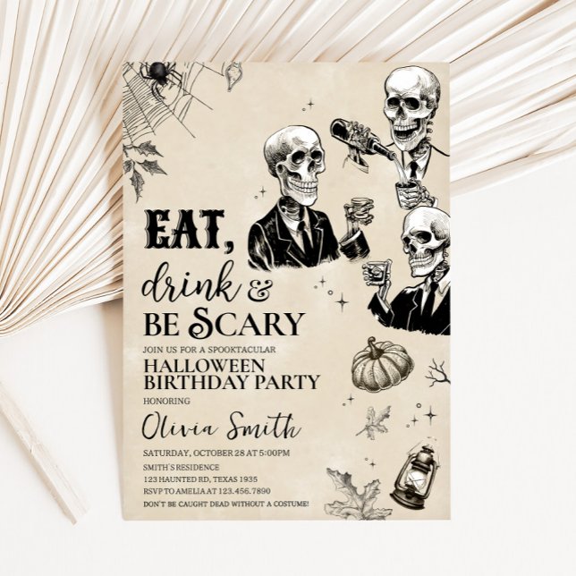 Convite Coma Festa de aniversário de Halloween por Bebida  (Eat Drink and Scary Gothic Skull Halloween Party Invitation)