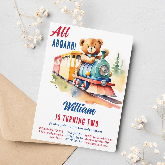Convite Comboio aniversário de ursinho bonitinho dirigindo (Train toddler birthday party template invitation cute teddy bear driving a vintage toy train)
