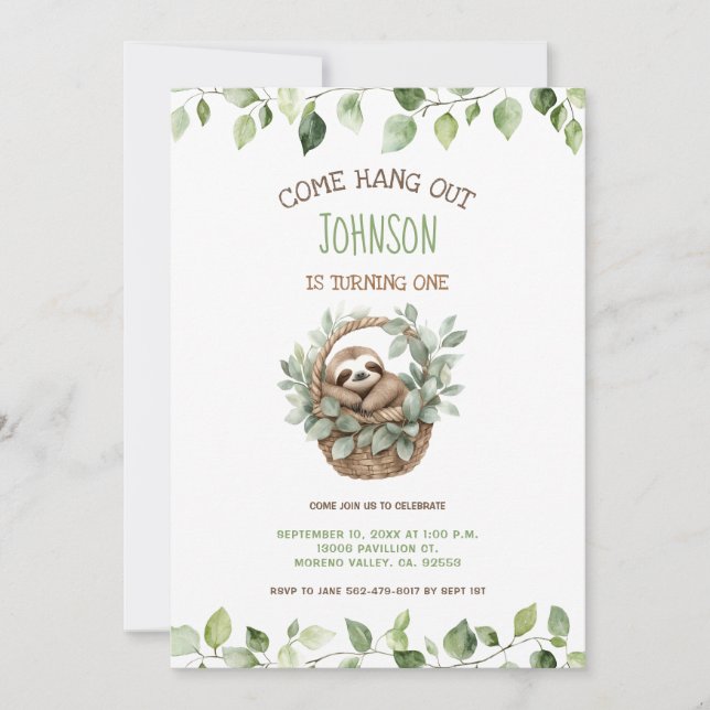 Convite Come Hang Out Sloth Party Birthday  (Frente)
