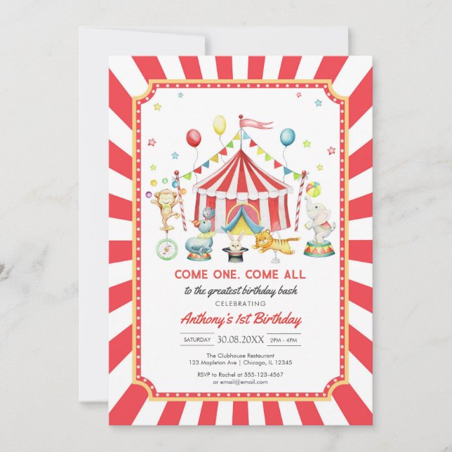 Convite Come One Come All Circus Boy Birthday Invitation (Frente)