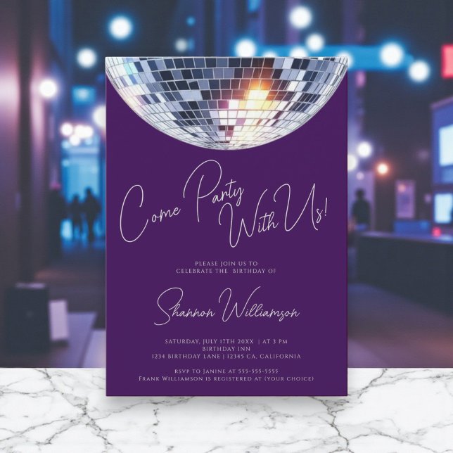 Convite Come party purple  modern disco ball birthday  (Criador carregado)