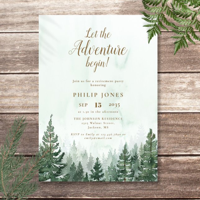 Convite Começa A Aventura Floresta De Pinheiros Reforma (Let The Adventure Begin Pine Forest Retirement Invitation)