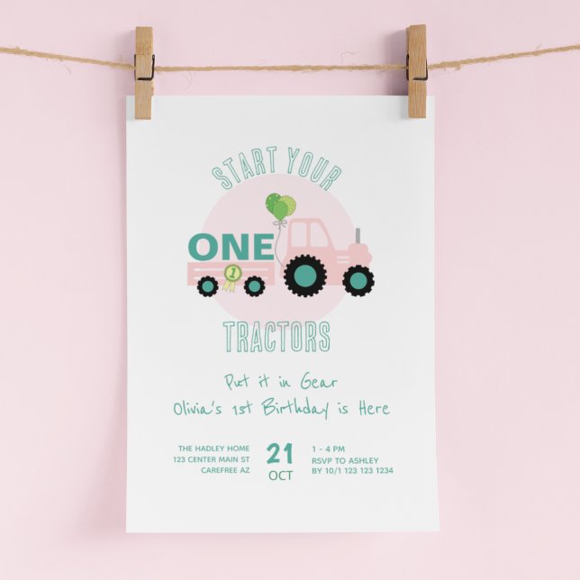 Convite Comece o 1º Aniversário dos Seus Tratores Rosa (Criador carregado)