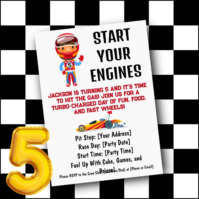 Convite Comece o aniversário de 5 do seu moço (Start Your Engines Boy's 5th Birthday Invitation)