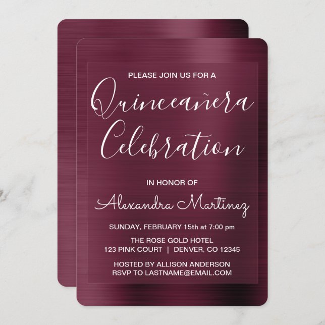 Convite Comemoração da Quinceanera Moderna da Burgundia Ro (Frente/Verso)