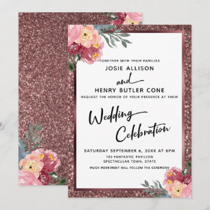 Convite Comemoração do casamento moderno Rosa Floral Doura