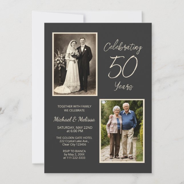 Convite Comemorando 50 Anos de Casamento com Foto em Carvã (Frente)