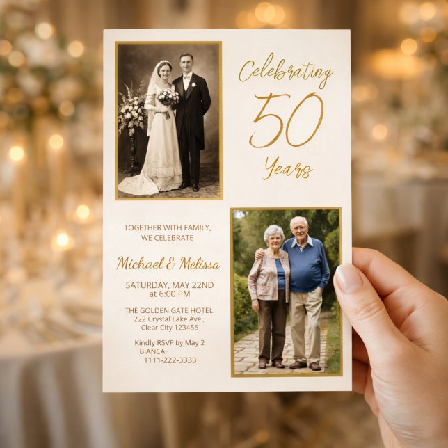 Convite Comemorando 50 Anos de Foto Aniversário (Then and now love story anniversary invitation in elegant ivory gold design)