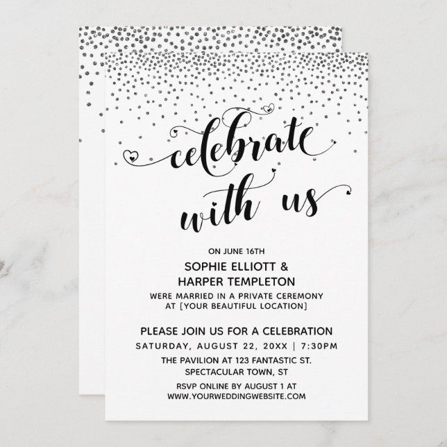 Convite Comemore Conosco Corações Script Confete Prateado (Frente/Verso)