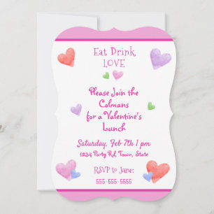 Convite COMER BEBER AMOR Valentines Diversão Aquarela Cora
