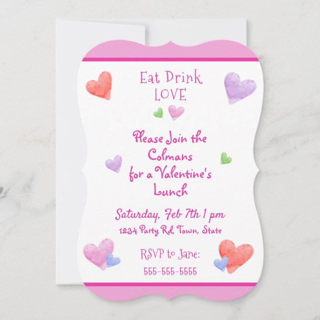 Convite COMER BEBER AMOR Valentines Diversão Aquarela Cora (Frente)